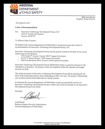 Recommendation letter from Arizona DCS