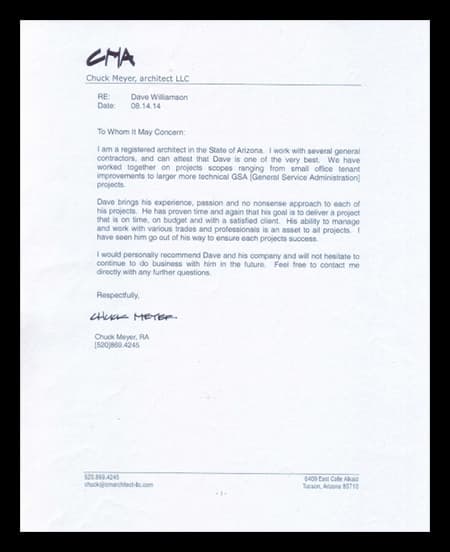 Recommendation letter from Chuck Meyer Architect