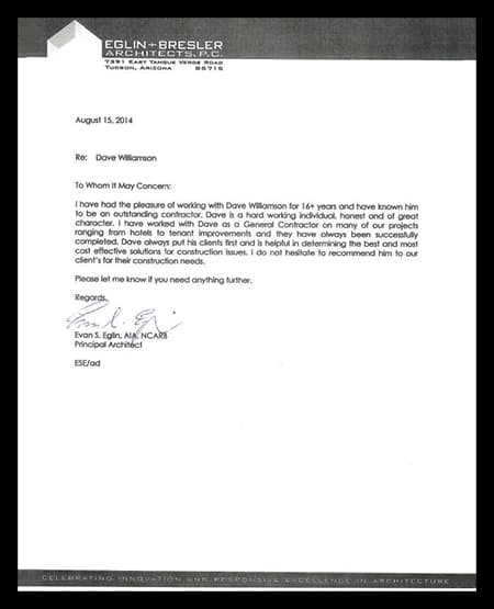 Recommendation letter from Eglin + Bresler